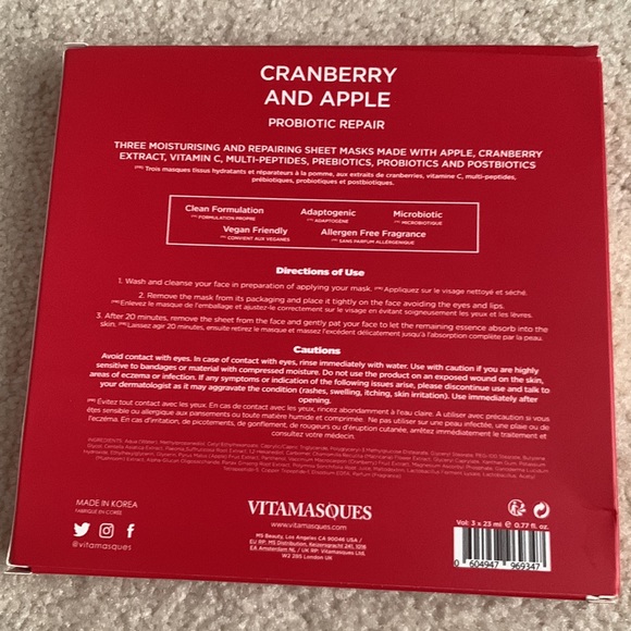 Vitamasques Cranberry and Apple Repair Face Mask Boxset New unopened 3 masks - Picture 3 of 3